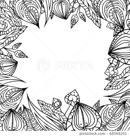 Frame of black and white doodle leaves with pattern. Vector elemen Frame of black and white doodle leaves with pattern. Vector elemen 68568201