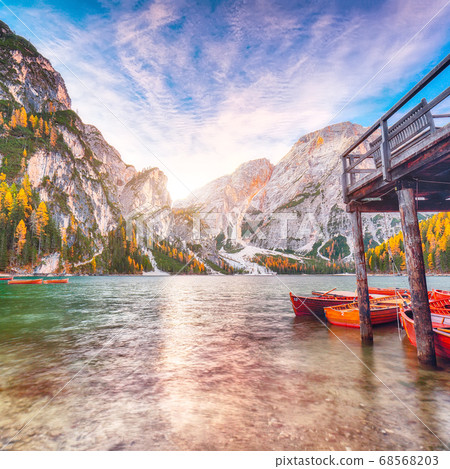 Amazing scenery of famous alpine lake Braies at Amazing scenery of famous alpine lake Braies at 68568203