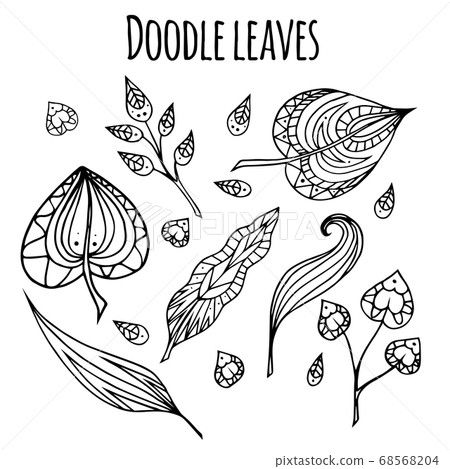 Set of black and white doodle leaves with pattern. Vector element Set of black and white doodle leaves with pattern. Vector element 68568204