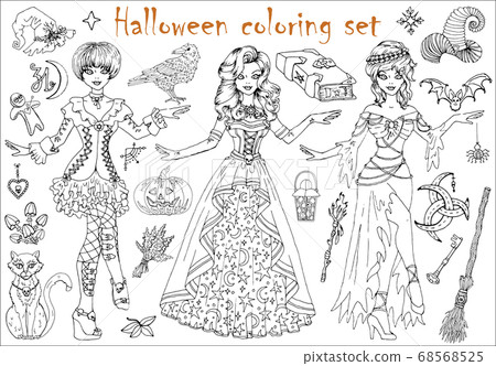 Halloween coloring set with beautiful witch - Stock