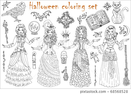 Halloween coloring set with beautiful witch - Stock Illustration  [68568538] - PIXTA