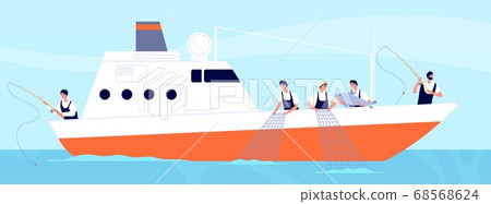 Fishery season. Fishermen on boat, commercial fishery ship in ocean. Industrial vessel and working fisherman with catch vector illustration Fishery season. Fishermen on boat, commercial fishery ship in ocean. Industrial vessel and working fisherman with catch vector illustration 68568624