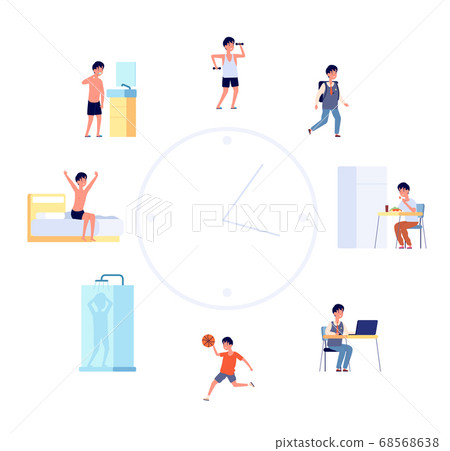Daily life schedule. Cartoon kid routine, boy activities. Flat cute child sleeping eating by the clock, baby lifestyle vector illustration 68568638