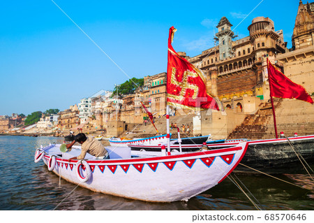Colorful boats and Ganges river 68570646