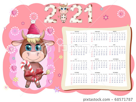 White ox calendar or planner for 2021 with cartoon White ox calendar or planner for 2021 with cartoon 68571787