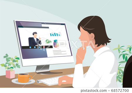 young asian business woman working from home watching presentation by colleague on computer screen young asian business woman working from home watching presentation by colleague on computer screen 68572700