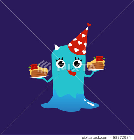 Cute fantasy slime monster or alien with cake vector illustration isolated. 68572984