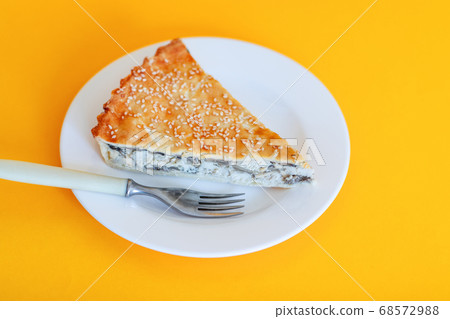 Vegetable closed quiche pie with spinach and chicken on white plate on yellow background Vegetable closed quiche pie with spinach and chicken on white plate on yellow background 68572988