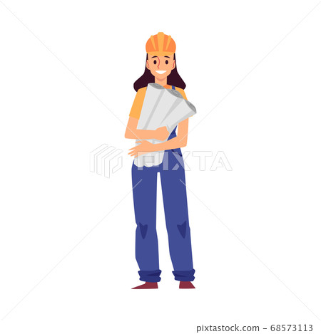 Cartoon female builder in uniform holding bunch of paper scrolls Cartoon female builder in uniform holding bunch of paper scrolls 68573113