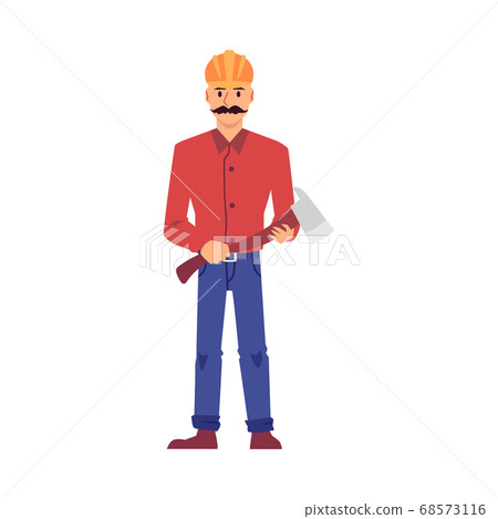 Cartoon builder man holding an axe and wearing safety helmet Cartoon builder man holding an axe and wearing safety helmet 68573116