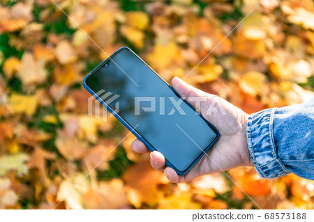 Woman hand holding smartphone with empty screen outdoors against autumn fall forest 68573188
