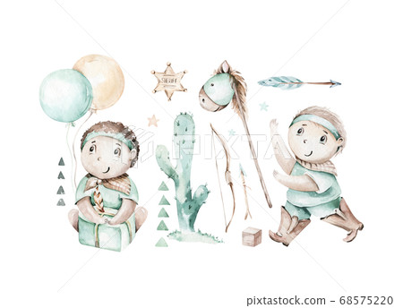 Western baby boy cowboy in cowboy hat on hay bales watercolor illustration. Cartoon sheriff ans American tribes teepee design. Wild West birthday invitation 68575220