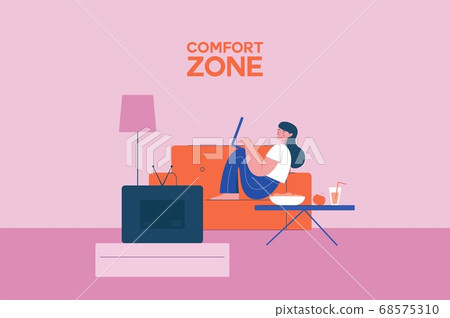 Comfortable work area illustration. Cozy place for freelancer female character on couch with laptop. Comfortable work area illustration. Cozy place for freelancer female character on couch with laptop. 68575310