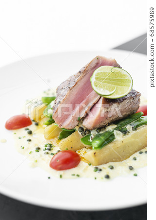 fresh seared tuna steak with creamy mustard and fresh seared tuna steak with creamy mustard and 68575989