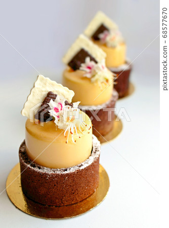 Orange mango spring desserts with chocolate sponge border, chocolate decor and fresh chestnut flowers Orange mango spring desserts with chocolate sponge border, chocolate decor and fresh chestnut flowers 68577670