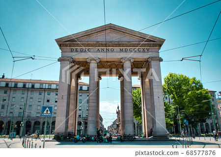 The Porta Ticinese city gate, Arch of Porta Ticinese, Arco di Porta Ticinese is a neoclassical pink granite gate with pillars, honoring Napolean's victory in Marengo The Porta Ticinese city gate, Arch of Porta Ticinese, Arco di Porta Ticinese is a neoclassical pink granite gate with pillars, honoring Napolean's victory in Marengo 68577876