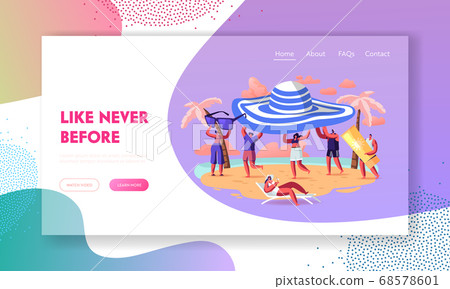 Summer Season, Vacation Landing Page Template. Tiny People Carry Huge Tropical Hat Enjoying Summertime Holidays Relax 68578601