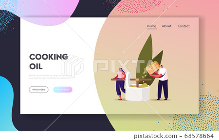 Farmers Characters Rotate Manual Press Landing Page Template. Pouring Ripe Olives for Pressing Extra Virgin Oil 68578664