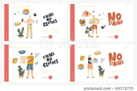 People in Stained Clothes Landing Page Template Set. Characters Stain Clothing with Food while Eat, Spots, Dirty Linen 68578735