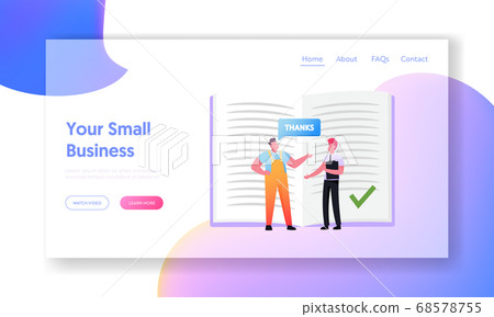 Tiny Male Characters Follow Etiquette Stand at Huge Open Book Landing Page Template. Worker Saying Thanks to Businessman 68578755