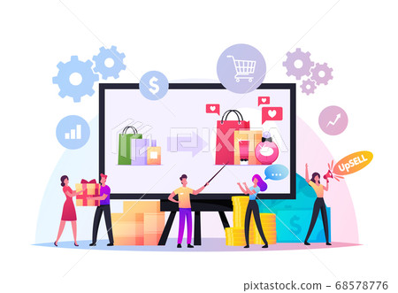 Upsell Concept. Tiny Sellers and Buyers Characters at Huge Pc. Upselling Marketing, Technique for More Profitable Sale Upsell Concept. Tiny Sellers and Buyers Characters at Huge Pc. Upselling Marketing, Technique for More Profitable Sale 68578776