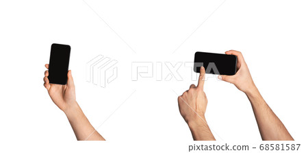Young men using smartphones isolated on white background. Mockup for mobile phone app or web site design 68581587