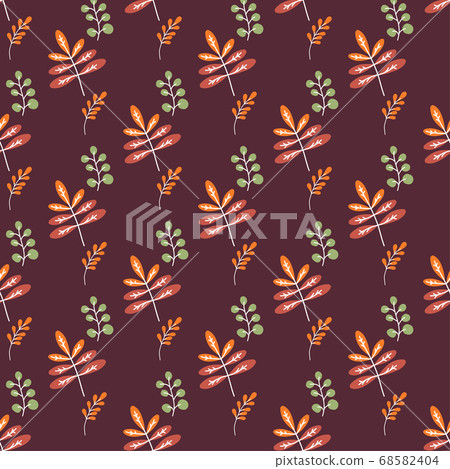 Seamless patterns. Leaves and branches of different colors and shapes on a dark burgundy background. Bright decoration, for decoration and design, packaging and printing. Vector  68582404