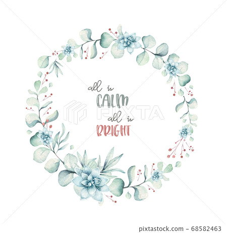 watercolor holiday christmas wreath. Winter decoration wreathselement. Merry christmas design. Pine tree branch, frame, berries. New year invitation decorative design 68582463