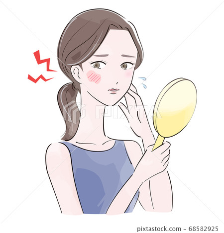 Woman suffering from rough skin with a hand mirror Woman suffering from rough skin with a hand mirror 68582925