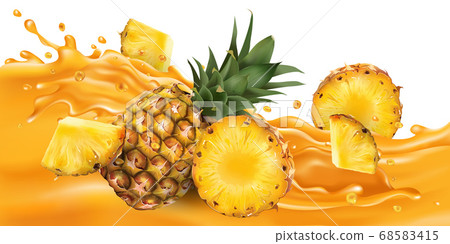 Whole and sliced pineapple on a fruit juice wave. 68583415