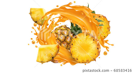 Whole and sliced pineapple in a juice splash. 68583416