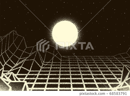 Retro dotwork landscape with 80s styled laser grid, planet, sun and stars background from old sci-fi book or poster Retro dotwork landscape with 80s styled laser grid, planet, sun and stars background from old sci-fi book or poster 68583791