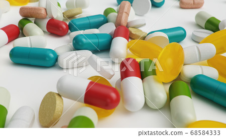 Many different colored tablets, capsules isolate on white background. Health care concept. Antibiotics inside pills, vitamins. Goods from pharmacy. Pharmaceutical company, industry, 3d illustration 68584333