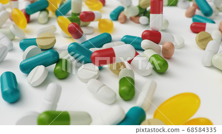 Many different colored tablets, capsules isolate on white background. Health care concept. Antibiotics inside pills, vitamins. Goods from pharmacy. Pharmaceutical company, industry, 3d illustration 68584335