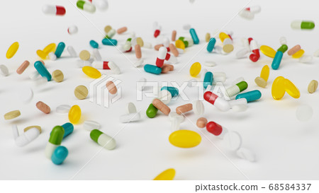 Many different colored tablets, capsules isolate on white background. Health care concept. Antibiotics inside pills, vitamins. Goods from pharmacy. Pharmaceutical company, industry, 3d illustration Many different colored tablets, capsules isolate on white background. Health care concept. Antibiotics inside pills, vitamins. Goods from pharmacy. Pharmaceutical company, industry, 3d illustration 68584337