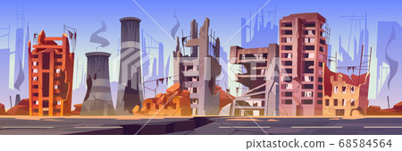 Destroyed buildings on city street after war 68584564