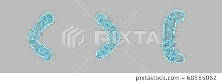 Alphabet made of virus isolated on gray background. Symbol left and right angle bracket, left square bracket. 3d rendering. Covid font 68585062