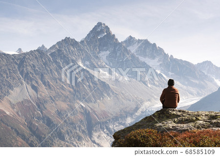 Amazing view on Monte Bianco mountains range with tourist on a foreground 68585109