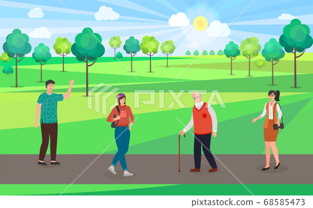 People walk in city park. Old man, girl with backpack, man and woman. Green trees, clear sky, spring People walk in city park. Old man, girl with backpack, man and woman. Green trees, clear sky, spring 68585473