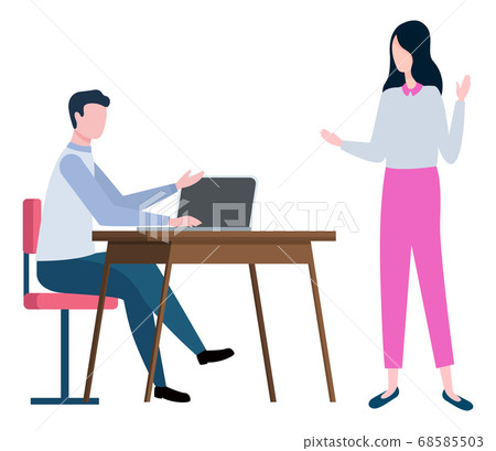 Man Sitting at Table with Notebook, Woman Brokers Man Sitting at Table with Notebook, Woman Brokers 68585503