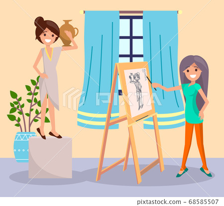 Artist drawing portrait young greek girl with vase, leisure time during quarantine isolation 68585507
