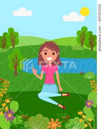 Young smiling girl sits on a grass and shows okay. Forest background with a river. Flat image Young smiling girl sits on a grass and shows okay. Forest background with a river. Flat image 68585508