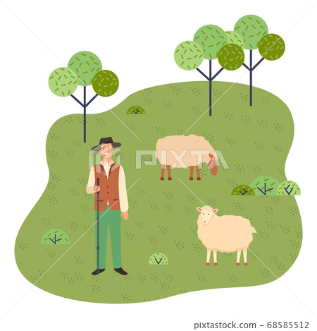 A young shepherd grazes sheep in a park or... - Stock Illustration  [68585512] - PIXTA