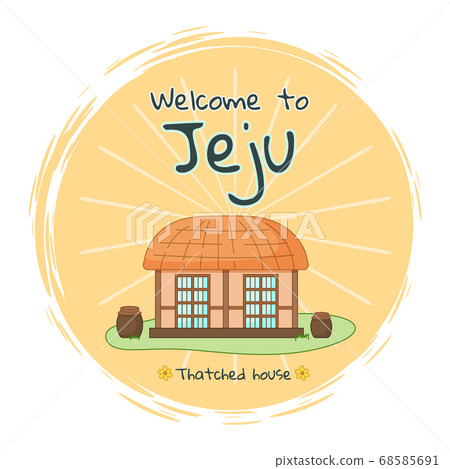 Travel banner with asian village old house and welcome to jeju inscription. Traditional korean house 68585691