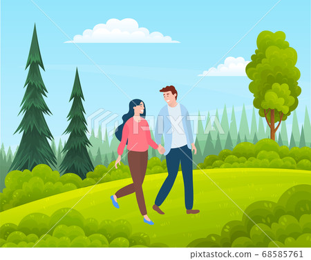 Couple walking in a forest. Young guy and girl holding hands walking in summer garden, romantic walk Couple walking in a forest. Young guy and girl holding hands walking in summer garden, romantic walk 68585761
