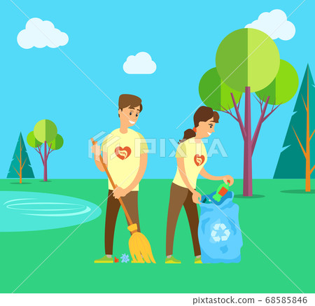 Volunteers Collecting Garbage and Sweeping Grass 68585846
