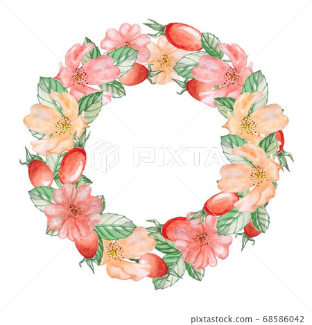 A wreath of rose hips 1. Watercolor illustration.Hand drawing. Decorative element for greeting card, Invitation card. A wreath of rose hips 1. Watercolor illustration.Hand drawing. Decorative element for greeting card, Invitation card. 68586042