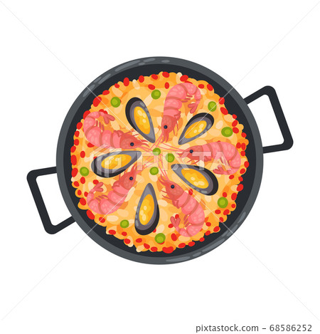 Paella with Seafood and Saffron Rice as Spanish Cuisine Dish Served in Bowl Vector Illustration 68586252