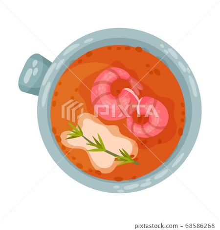 Soup with Shrimps and Herbs as Spanish Cuisine Dish Served in Bowl Vector Illustration 68586268