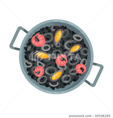 Black Paella with Seafood as Spanish Cuisine Dish Served on Plate Vector Illustration 68586269